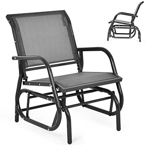 RELAX4LIFE Garden Glider Chair, Outdoor Metal Frame Rocking Seat with Armrest, Single Gliding Swing Armchair for Patio, Porch and Poolside (Grey)