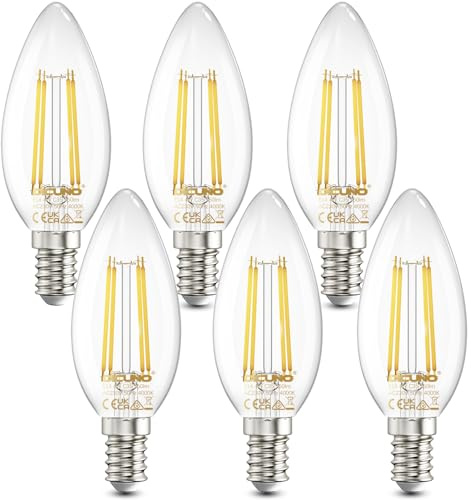 DiCUNO E14 Candle LED Bulbs, 4W=40W, Natural White 4000K, 550LM, 6Pcs | Small Screw E14 LED, SES C35 Clear Filament Bulbs for Chandeliers