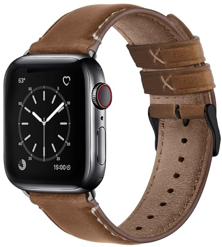 Fullmosa Klockarmband för Apple Watch 49 mm, 46 mm, 45 mm, 44 mm, 42 mm, rem i äkta läder för iWatch serie 10/9/8/7/6/5/4/3/2/1/SE, 49 mm, 46 mm, 45 mm, 44 mm, 42 mm (kolabrun, svart spänne)