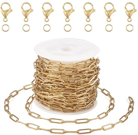 Beadthoven 5 m goldene Edelstahl-Büroklammer-Ketten mit Karabinerverschlüssen, Biegeringe, DIY, Kette, Halskette, Armband, Herren und Damen, Schmuckherstellungs-Set