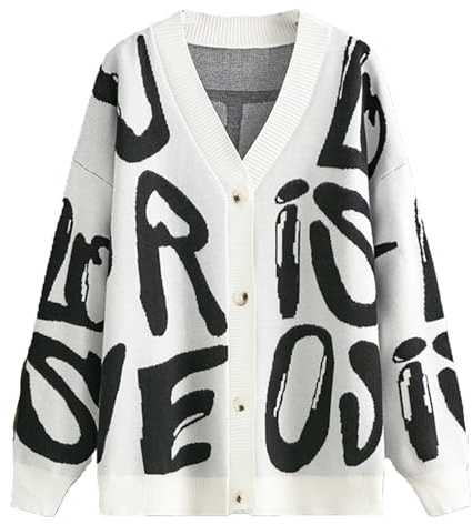 JASCLS Women's Cable Knit Open Front Cardigan V-Neck Button Down Printed Letters Lightweight Oversized Sweater Cardigan for Women