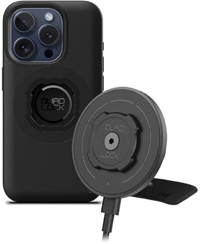 QUAD LOCK Klebehalterung fürs Auto-Armaturenbrett Handyhalterung mit MAG-Kabelloser Ladekopf V2 und MAG-Hülle für iPhone 15 Pro
