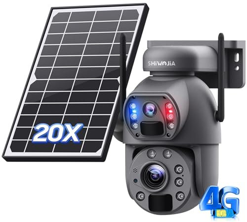 SHIWOJIA 20X Telecamera di Sorveglianza 4G Esterna, 6MP 360° PTZ Telecamera da Esterno Solare con Doppia Lente, Batteria Ricaricabile, 150m Visione Notturna a Colori, PIR Rilevamento Intelligente