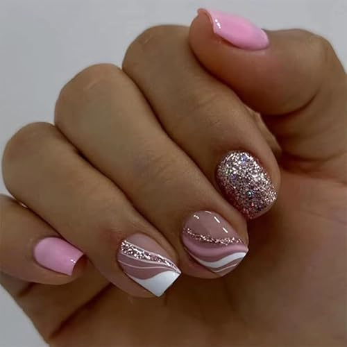 Angwis 24pcs Short Square False Nails Glitter Sequins Stick on Nails Pink White Swirl Press on Nail Removable Glue-on Acrylic Full Cover Fake Nail Art Accessories for Women Girls