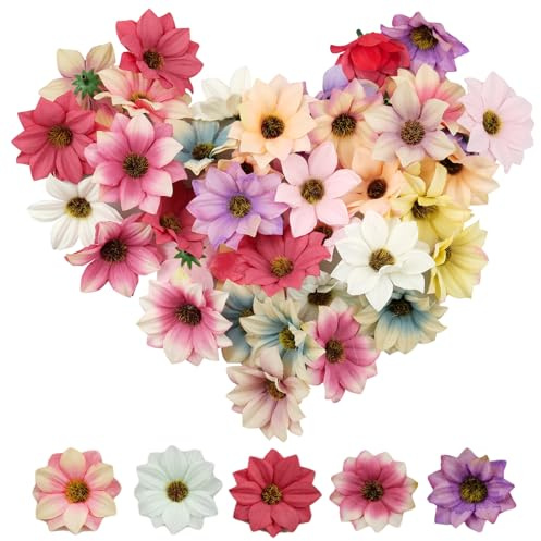 Hocadrv 50 Stücke Kunstblumen Bunt Künstliche Blumenköpfe Künstliche Blumen | Deko Mini Seidenblumen Gänseblümchen Blütenköpfe Für Hochzeit Dekoration DIY Scrapbook Home Deko(5CM)