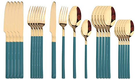 Service de table 24 pièces en or blanc, couverts en acier inoxydable haut de gamme, lumière spéculaire, argenterie de luxe, fourchette, cuillère, couteau (couleur : or vert) (or vert)