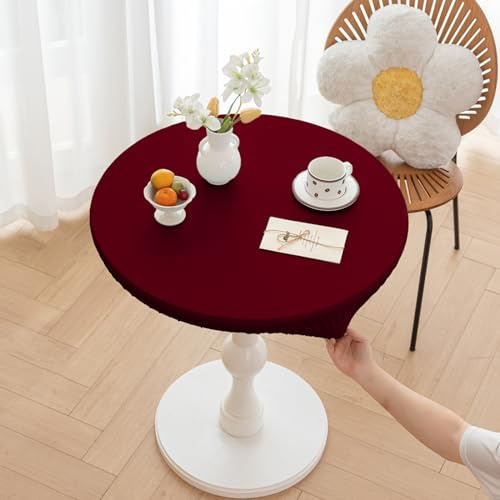 Highdi Elastische Tischdecke Rund Abwaschbar, Spanntischdecke Rund Gartentischdecke Outdoor Round Tischdecke mit Gummizug für Esszimmer, Küche und Picknick (ф160cm,Burgunderrot)