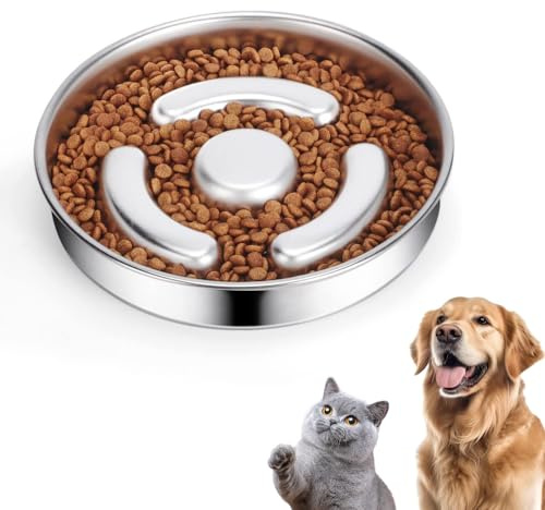 Hundenapf Edelstahl, Slow Feeder Dog Bowl, Ø 21cm, Anti Schling Futternapf rutschfest Antischlingnapf für Hunde zur Entlastet die Verdauung, Anti Blähungen