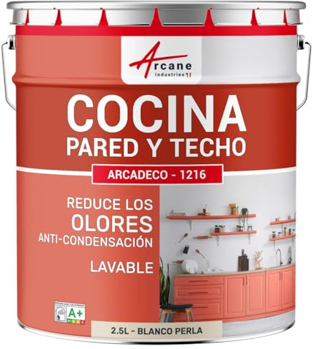 Pintura Cocina Lavable Antiolor Pared y Techo - ARCADECO 2,5 L Blanco Perla | Antiolor de Cocción, Ultra Cubriente, Lavable, Limita el Moho, Paredes y Techos, Cocina - Arcane Industries