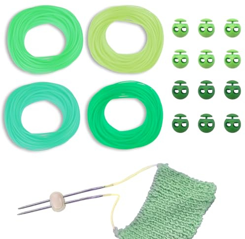 GeryVtee Kordelverschluss-Set, Strickstichhalter, Barbierschnur, Maschenmarkierer, Strickstichhalter, 12 Stück Silikon-Stichhalter und 4 Rollen runde Friseurschnüre für Strickprojekte (grüner Stil)
