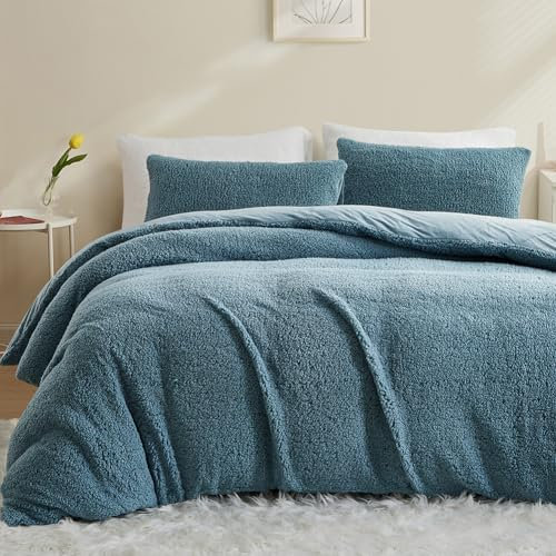 AShanlan Winter Fleece Bettwäsche 135x200 Petrol Blau Super Warme Sherpa Bettbezug Flauschig ÖKO-TEX Bettwäsche-Sets Cashmere Touch mit Reißverschluss und Kissenbezug 80x80 cm