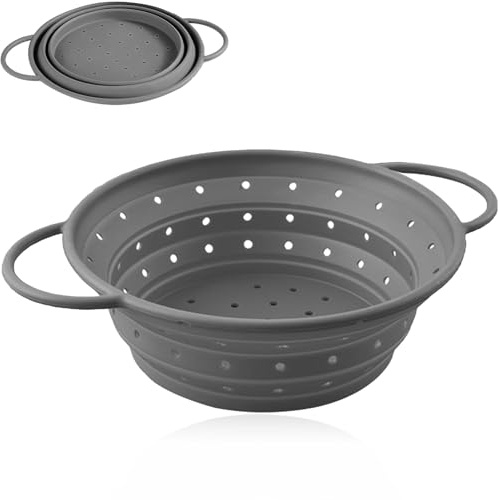 RHAFAYRE Passoire Pliable en Silicone de Cuisine - Passoire Rétrécissable et Lavable pour Égoutter les Pâtes, Légumes, Égouttoir Compact Sans BPA, moyen, gris