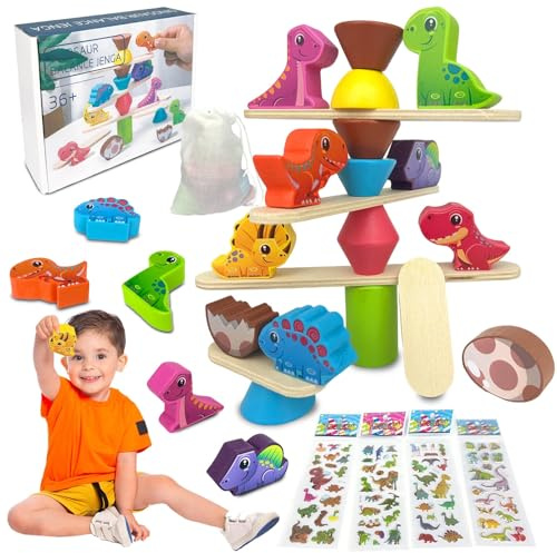 Ludihive Montessori Dinosaurier Stapelspielzeug, Stapelspiel ab 3 4 5 Jahre, Dinosaurier-Stapelspielzeug aus Holz, Montessori Spielzeug aus Holz Kommt mit 4 Aufklebern Geschenk für Kinder(B)