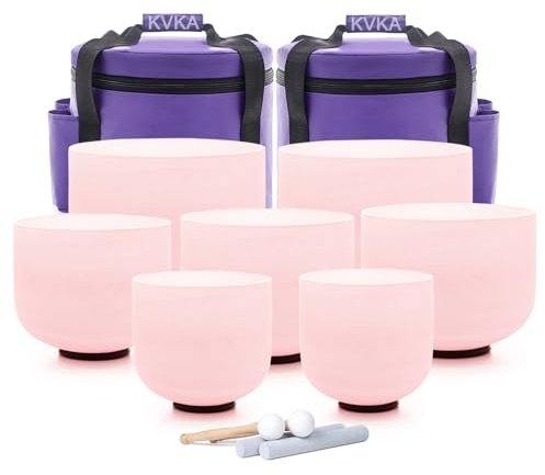 KVKA Juego de cuencos sonoros de cristal, 7-12 pulgadas, 432 Hz, color rosa claro, cuarzo esmerilado, cuenco tibetano para meditación, yoga, sanación de sonido, alivio del estrés, relajación, trabajo