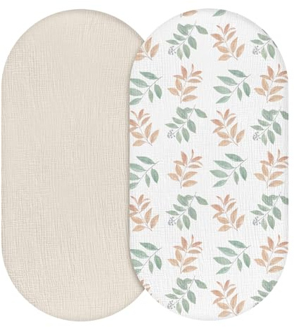 Soarwg Kids Spannbettlaken Kinderwagen, 2er-Pack, 83x43cm | Zweifarbiges Blatt Design. Weiche atmungsaktive Musselin. Passt ovale & rechteckige Babywannen. Waschbar. Oeko-Tex.