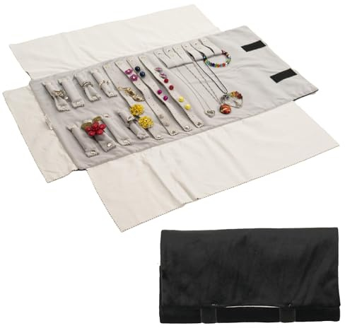 FS-Dream Rotolo Portagioielli in Morbido Velluto Capiente e Compatto - Portagioie Donna da Viaggio con più di 50 Slot per Anelli, Collane, Orecchini e Braccialetti (Nero/Grigio)