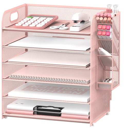SUPEASY 6-Tier Briefablage mit 4-Stift-Haltern, Mesh Schreibtisch Organizer Brief Tray mit Griff, Papier Organizer für A4 Datei Ordner, Rosa