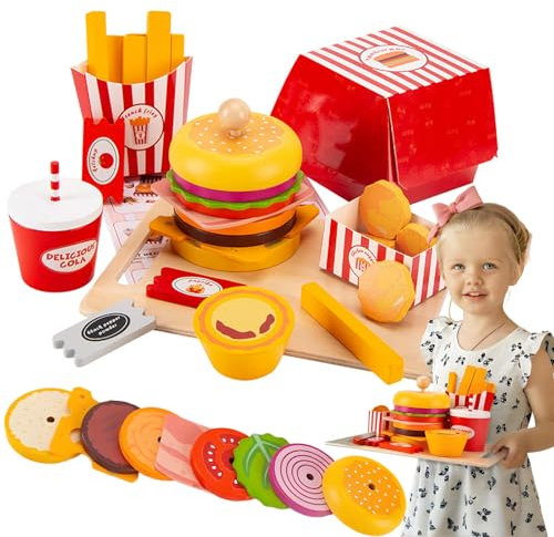 Kinderküche Zubehör Holz Burger Pommes, Holzspielzeug Küche Cola, Torte, Chicken Nuggets, Lernspielzeug Rollenspiele Pädagogisches Kinder Spielzeug ab 3 4 5 6 7 8 9 Jahre