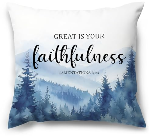 MNASAIOO Blue Christian Mountian Woods Decorative Throw Pillow Covers, Bible Verse Scripture Great is Your Faithfulness Pillows Covers, Watercolor Pillow Decor for Couch Bedroom Prayer Room 18x18in