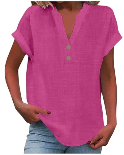 Onsoyours Camicia Donna Estiva Manica Corta Camicetta in Lino Cotone Elegante Blusa Maglietta Scollo a V Top Tshirt con Bottoni A Fucsia XS