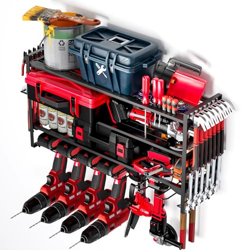 Lhysn 4 Layer Power Tool Organizer, Tool Rack with 7 Drill Holders, Heavy Duty Drill Holder Wall Mounted Rack, Garden Tool Storage, Garage Storage Shelves, for Garage, Home, Workshop