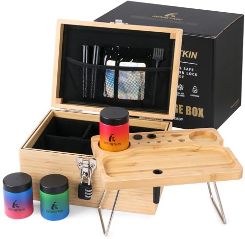 INFINITKIN Large Bamboo Storage Box with Combination Lock, Foldable Tray & Gradient Glass Jar Wooden Smell Proof Box Perfect for Travel or Home Gifts
