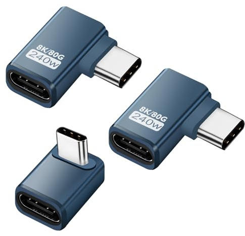 3 Stück USB C Extender Adapter 90 Grad, 80Gbps USB C Stecker zu Buchse Winkel Adapter, 240W Thunderbolt 5 Extension Connector für iPhone 15/16, Team Deck, Tablet, Telefone, andere Typ C Geräte (Grau)
