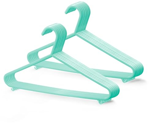 KEPLIN Adult Plastic Coat Hangers - 25pk, Strong Clothes Hangers for Clothes Rail & Closet, Clothing Hanger with Suit Pants Trouser Bar and Clips, Space Saving, 37.5 cm Wide (Mint)