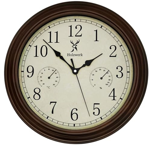 Holzwerk Vintage Retro Wall Clock with Temperature Display and Hygrometer Moisture Meter Thermometer Wooden Clock Running Quiet Movement Brown Virtually Silent Solid Wood 14 Inches 35 cm