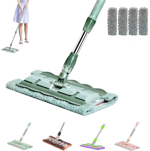 Mocio in microfibra Queens Finders, piatto a 360 gradi con manico in acciaio inossidabile,mocio telescopico piatto riutilizzabile, bagnato e asciutto Queens Finders (Green-1)