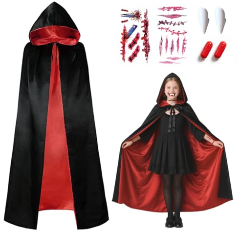 O-Kinee Costumes Vampire Rouge Noir,Halloween Cape Vampire avec Capuche & Dents & Faux Sang & Tatouages Temporaires,Costume Cosplay Fête pour Enfants et Adultes