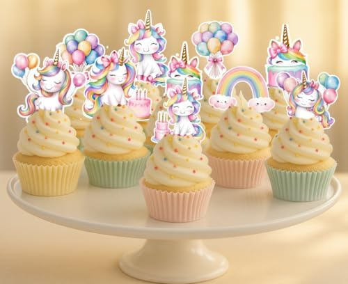 24 x PRE CUT BIRTHDAY UNICORN AND RAINBOW STAND UP EDIBLE WAFER CARD RICE PAPER CUPCAKE TOPPER DECORATIONS