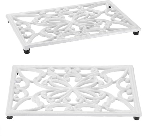 OLegei 2 sottobicchieri rettangolari in ghisa vintage con gambe in gomma per proteggere i piatti caldi, supporto per casseruola per cucina e tavolo da pranzo (bianco, stile 1)