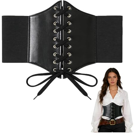 Corsé de pirata para mujer, corsé medieval, disfraz de mujer, corpiño bajo el pecho, color negro, cinturón de piel, accesorio para disfraz de pirata, accesorio para Halloween, accesorios piratas