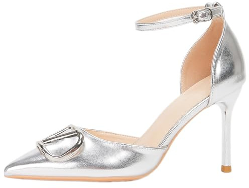 Scarpe col Tacco Donna Cristallo Decorato Tacchi Stiletto per Cerimonia E Festa Punta Argento Metallizzato Cavigliera,Silver 8cm,40 EU