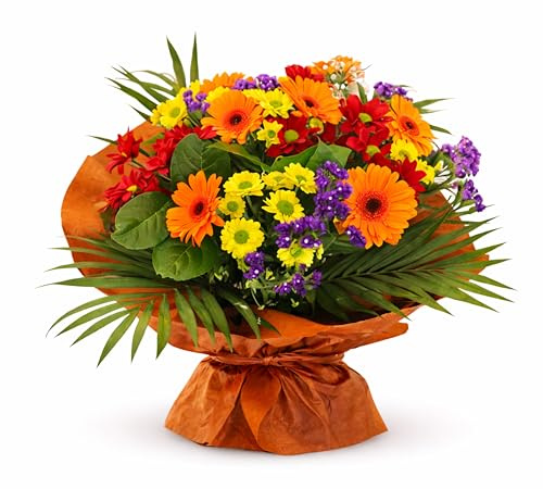 Autumn Burn Bouquet Fresh Flowers Orange Gerberas, | Yellow Red Chrysanthemums Bright Arrangement Gift Chocolate (Chocolats)