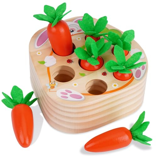 KMTJT Montessori Spielzeug ab 1 Jahr Holz Motorik Holzpuzzle Karottenernte | Sortierspiel für 12-18 Monate Jungen und Mädchen | Lernspielzeug für Kinder als Geburtztag Ostern Geschenk (Rot)