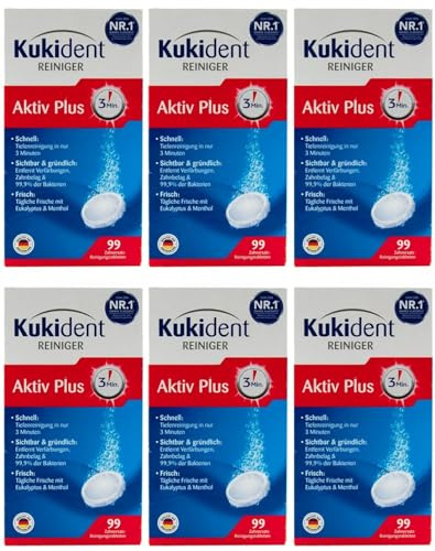 _Kukident_Aktiv_Plus (7,99€ CADAUNO), Compresse per Pulizia Protesi Dentali, 6 Confezioni da 99 Compresse, Eucalipto e Mentolo, Pulizia in 3 Minuti