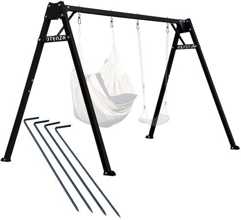 Potenza Kinderschaukel Verzinktes Schaukelgestell Metall Doppelschaukel für Kinder und Hängematte Gartenschaukel bis 200 kg belastbar Schaukelgerüst 250x207 cm (Schwarz + Bodenanker)