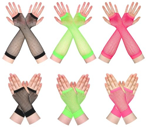6 Paar Netzhandschuhe Lang und Kurz Halloween Handschuhe Neonpink Nylon Fingerlose Netzhandschuhe Gothic Handschuhe Vintage 80er 90er Jahre Party Fischnetzhandschuhe für Halloween Cosplay Mottoparty