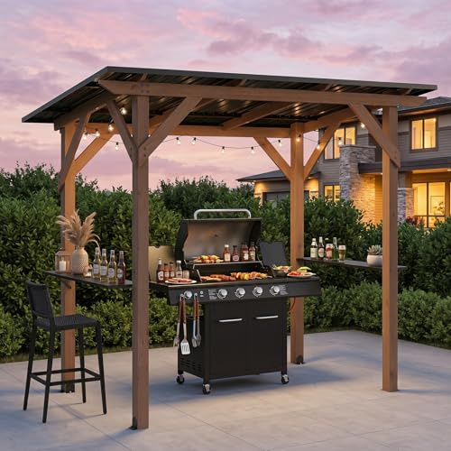 COSTWAY Grillpavillon Holz, 263 x 151 x 223 cm, Grillunterstand mit Dach aus verzinktem Metall & 2 Seitenregalen, Grill Pavillon wetterfest, Grillüberdachung Outdoor für Terrasse, Garten