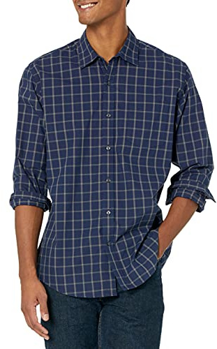 Amazon Essentials Camicia Casual in Popeline a Maniche Lunghe vestibilità Regular Uomo, Blu Marino A Quadri, L