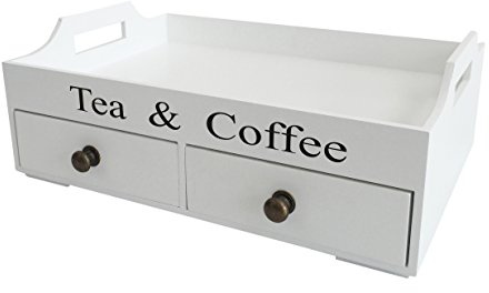 Tablett Holztablett weiß Schubladen Tea and Coffee Holz Griff Küchentablett Holz Frühstückstablett