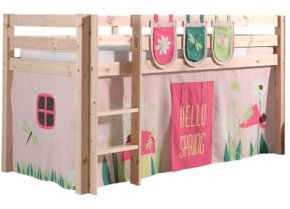 Spielbett Pino mit Textilset Vorhang und 3 TaschenSpring, Kiefer Massiv Natur