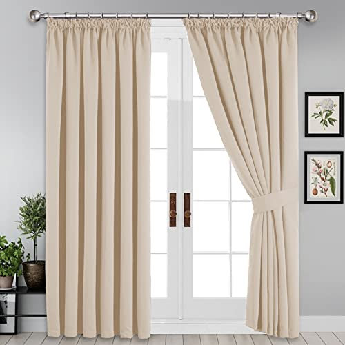 Yorkshire Bedding Pencil Pleat Blackout Curtains for Bedroom 66x72 Noise Reducing Tape Top Thermal Insulated Cream Curtains Super Soft Window Treatment 2 Panels + 2 Tie Backs