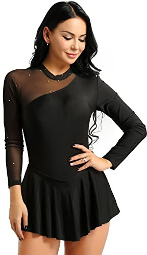 iEFiEL Damen Langarm Ballettkleid Eiskunstlauf Kleid mit Glitzer Kristallen Ballettkleidung Gymnastik Leotard Turnanzug Tanzkostüm Schwarz L