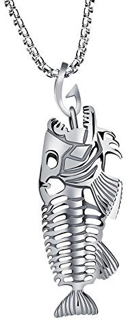 Yowablo Halskette Fischknochen & Angelhaken Skelett Edelstahl Anhänger Surfer Kette (Silber)