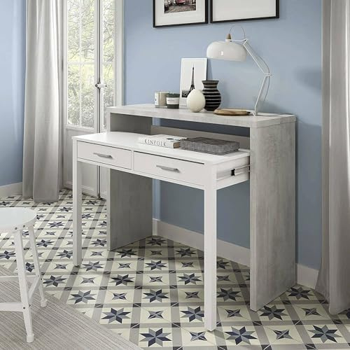Dmora - Billings Schreibtisch, PC-Schreibtisch mit ausziehbarer Platte, 2 Schubladen, 99 x 36 x 88 cm, Zement und Weiß