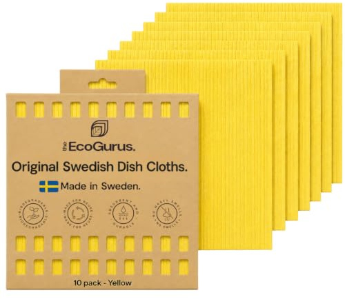 10 Pack Premium Odour-Resistant Reusable Cleaning Cloths | Original Swedish Dishcloth | Made in Sweden | Absorbs 20x Its Weight | Replaces 150 Paper Towels | Biodegradable Cellulose Cloth | Yellow