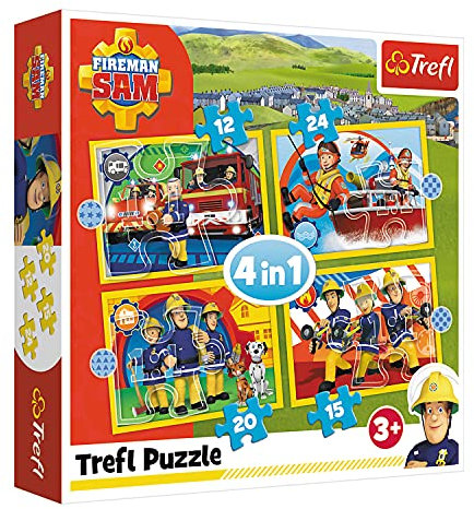 Trefl, Puzzle, Hilfreicher Feuerwehrmann Sam, Fireman Sam, von 12 bis 24 Teilen, 4 Sets, für Kinder ab 3 Jahren
